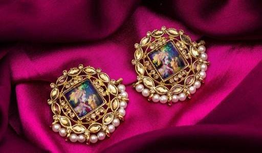 Radha Krishna Hand Painted Ethnic Stylish Golden Bollywood Stud Earrings, Gold Stud Earrings, Kundan Chanbaliyan, Kundan Golden Earrings