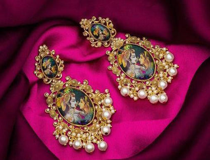 Traditional Radhakrishna Long Gold Plated Stud Earrings With Hair Chain, Kundan Chanbaliyan, Kundan Ethnic Handmade Jhumka, Bahubali Jewelry