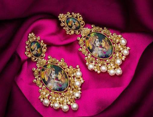 Traditional Radhakrishna Long Gold Plated Stud Earrings With Hair Chain, Kundan Chanbaliyan, Kundan Ethnic Handmade Jhumka, Bahubali Jewelry