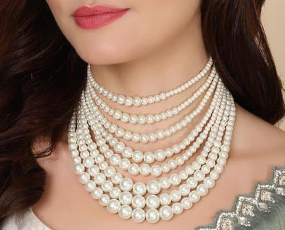 White Beads Layered Necklace, White Pearls Studded Jaipuri Jewelry Set, Pearls Shell Look Necklace, Layered Jewelry Set, Beaded Jewelry