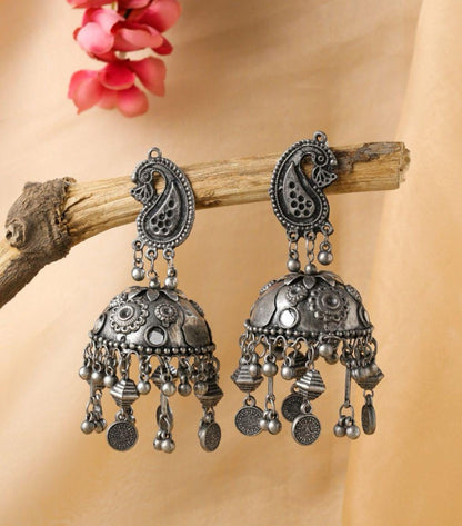 Ghungroo Long Silver Jhumka Earrings/ oxidized jhumka/ long jhumka/ heavy jhumka with tassel/ long jhumka/big jhumka earrings/long earrings