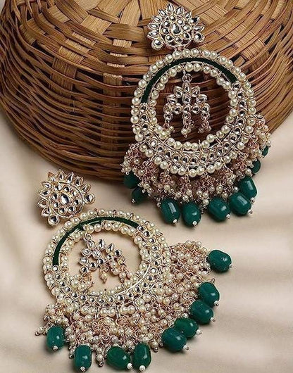 Fashion Gold Plated Chandbaliya, Gold Toned Pearls Studded Peacock Chandbali Earrings, Traditional Hoop Earrings, Green Gold Hoop Earrings