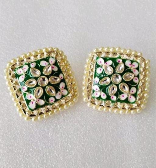 Handmade Minakari Gold Plated Stone Pearls Stud Earrings, Kundan Chanbaliyan, Kundan Stud Earrings, Meenakari Stud Gold Earrings