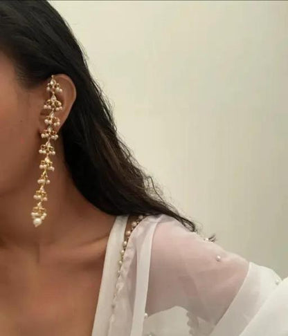 Long Fancy Indian Kundan Chain Style Earrings, Pearls Kundan Long Earrings, Pakistani Earrings, Chain Style Earrings, Kundan Earrings