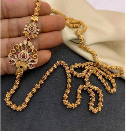 Designer 1 Gram Gold Long Chain, 24 Inch Chandramukhi Style Neckchain, Indian Jewelry, Golden Necklace, Mop Chain, Neck Covering Chain