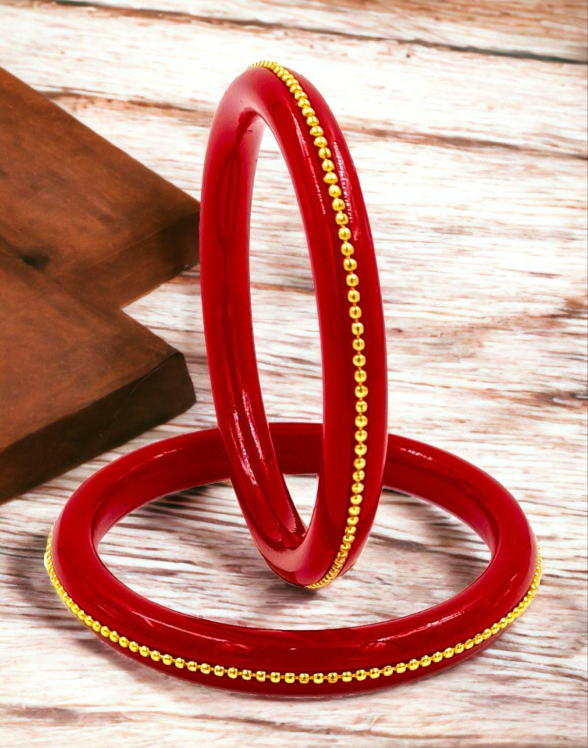 Red Golden Beads Bengali Bangles, Shakha Pola Bangles, Red White Copper Plated Bangles, Acrylic Bangles, Bangoli Acrylic Wedding Set