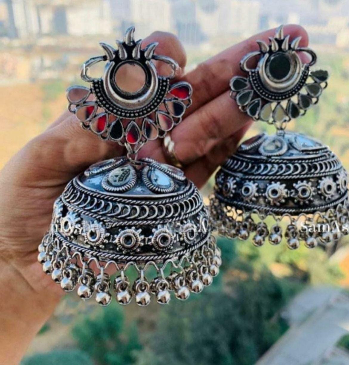 Mirror Silver Jhumka Earrings, Big Szie Jhumka Chandbaliyan, Gift For Her, Vintage Ghungroo Jhumka Earring, Bareli Jhumka Rajasthani Jhumka