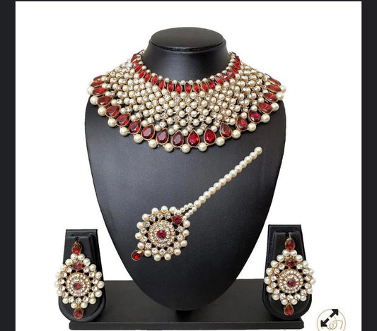 Indian Bridal Wedding Wear red Kundan Jewelry Set With Earrings Maangtikka, Punjabi Bridal Jewelry Set, Gold Plated Necklace Jewelry Set